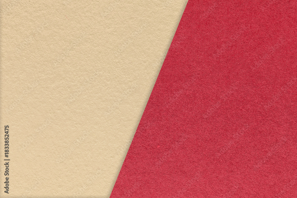Fototapeta premium Texture red, beige paper background, half two colors. Geometric template for banner, presentation with copy space