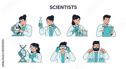 Cartoon illustration of six scientists working with lab equipment