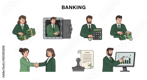 Banking illustration set featuring staff cash vault calculator handshake document and charts