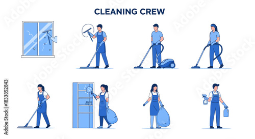 Cleaning crew illustrations showing window washing mopping vacuuming dusting and carrying trash bags
