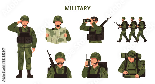 Collection of vector illustrations depicting soldiers in various military poses and gear