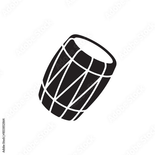 Monochrome Vector Icon of an Angled Drum with Geometric Patterns on a White Background