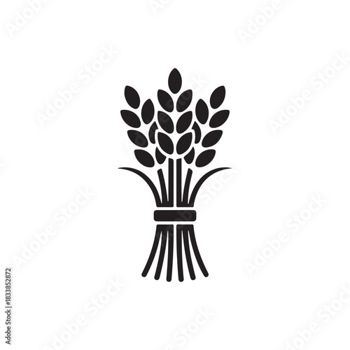Minimalist black silhouette icon of a wheat sheaf. A simple vector graphic symbolizing agriculture, harvest, grain, and farming for logos