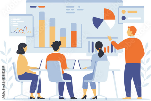 Business team meeting analyzing financial data and reports on screen Vector
