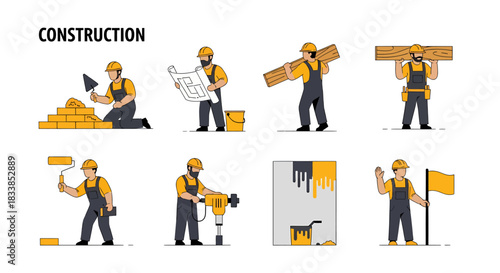Eight construction worker icons showing masonry planning carrying wood painting drilling and signaling