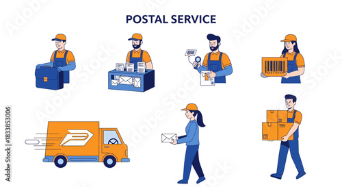 Flat design illustration of various postal service workers and assets