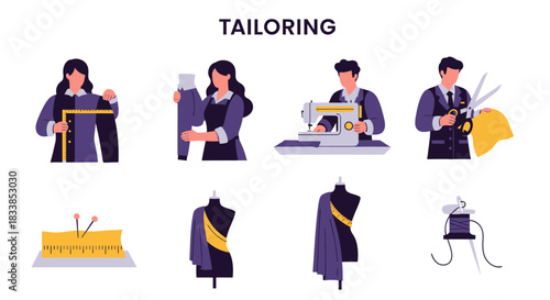 Flat illustration showing various aspects of tailoring including measuring sewing cutting and mannequins