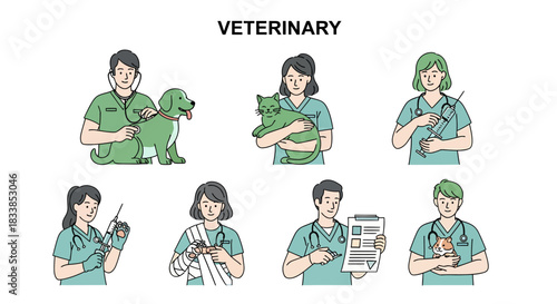 Flat illustration of veterinarians treating various animals