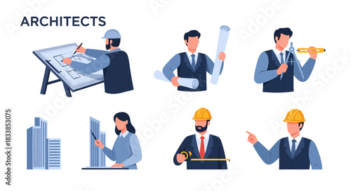 Illustration of seven architects engaged in drawing measuring and presenting building designs