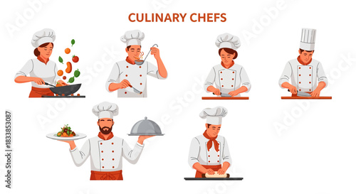 Illustration of seven culinary chefs performing various cooking tasks