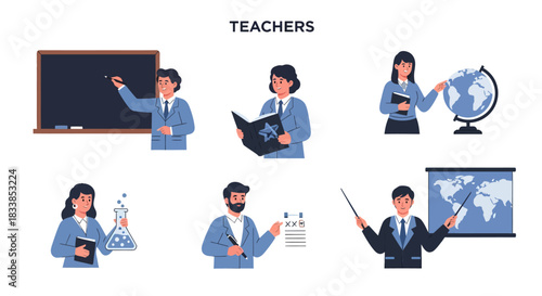 Six illustrations of teachers engaging in various educational activities against a white background