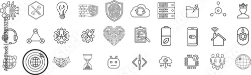 System Configuration & Smart Technology Icon Set. Editable Line Icons. Device Management Symbols. Cloud & Network Settings Collection. AI Automation & Cyber Tools. Vector Illustration