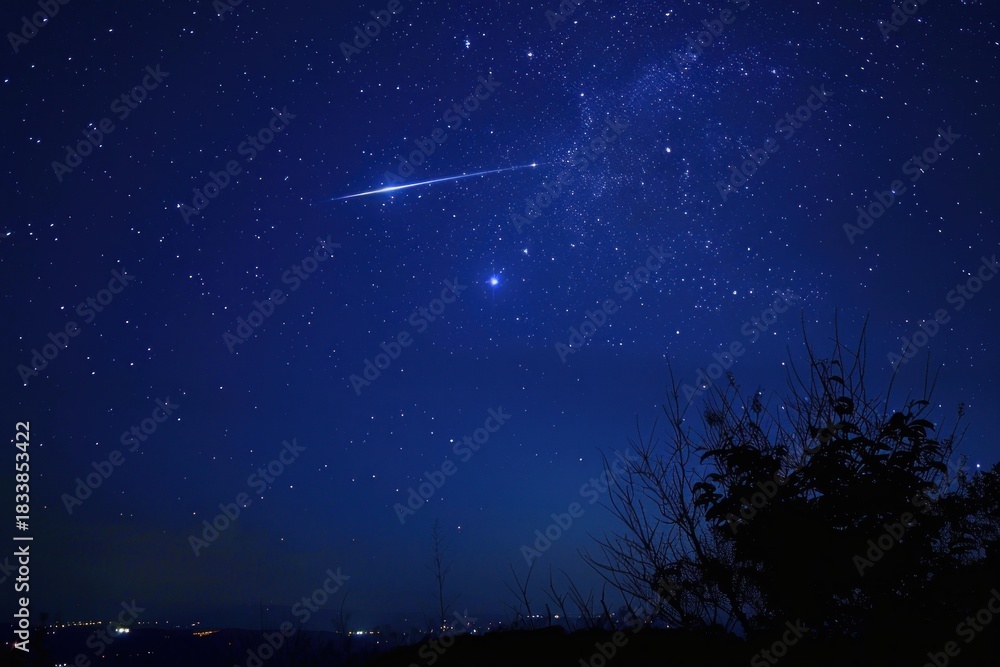 Fototapeta premium Stunning night sky view featuring a bright meteor streaking across the milky way, with city lights visible on the horizon