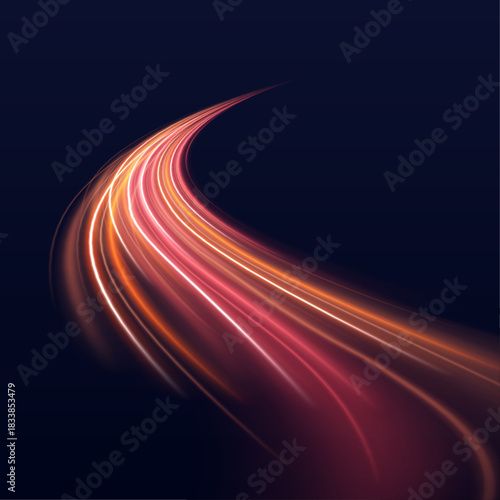 Electric light trails form loops and arcs in space. Dynamic motion emphasizes speed and energy. Ideal for futuristic compositions.