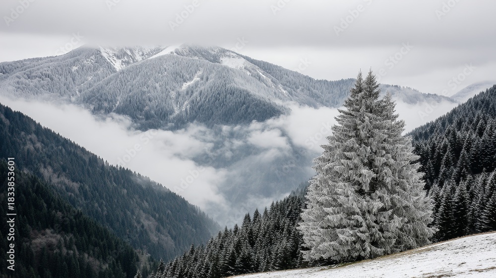Fototapeta premium Frosted evergreen in foreground a serene winter valley where low fog separates snow clad mountain slopes from dark green forest under a muted, cloudy sky christmas greeting card background copy space