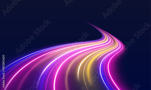 Neon blue curves form flowing light trails on a black background. Motion and energy radiate from each glowing line. Great for tech designs.