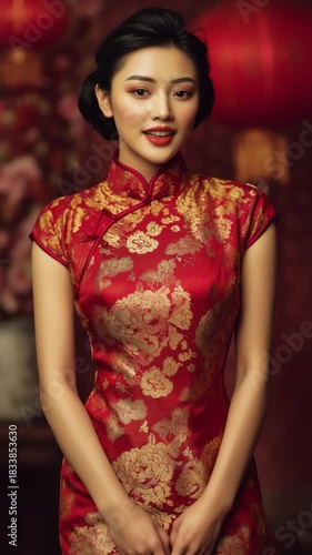 A woman in traditional attire stands gracefully, showcasing vibrant colors and intricate designs, reflecting cultural heritage and elegance.