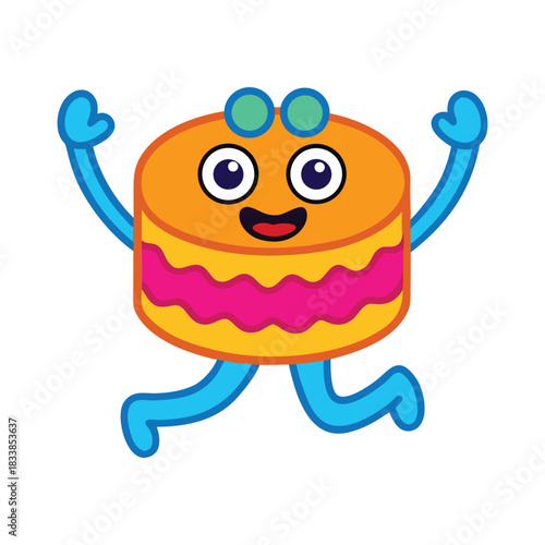 Realistic colorful simple flat style vector Clipart of a birthday cake jumping with joy, no shadow, no gradient, white background