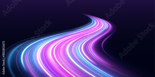 Shiny light paths form spirals and loops on a black surface. Motion conveys futuristic dynamics. Great for high-tech illustrations.