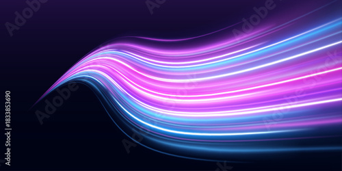 Radiant golden streaks flow along curved neon lines. Motion and energy highlight futuristic design. Ideal for sci-fi and tech themes.