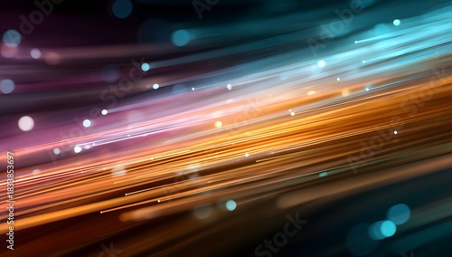 Abstract streaks of light in warm and cool tones create a dynamic energetic and futuristic visual representation of data flow and connectivity