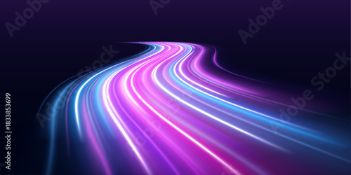 Blue and pink neon spirals rotate on a dark transparent background. Bright lines convey high-speed motion. Great for abstract tech visuals.