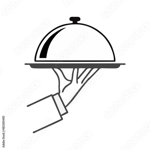 Silver restaurant cloche platter on a waiter serving tray with food cover symbol for catering service and menu icon