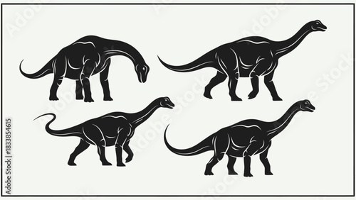 Four black silhouettes of Brachiosaurus dinosaurs in various poses against a white background.