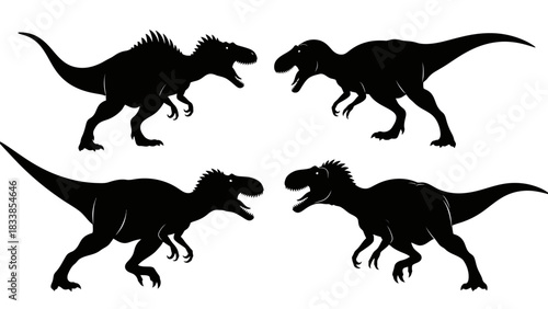 Four black dinosaur silhouettes in different poses, facing each other with open mouths.