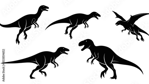 Silhouette collection of various dinosaurs in different poses against a white background.