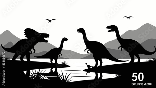 Silhouetted dinosaurs, including a Triceratops, near a lake with mountains in the background, and birds flying above.