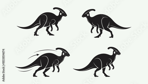 Silhouette illustrations of Parasaurolophus dinosaurs in various poses, walking and running.