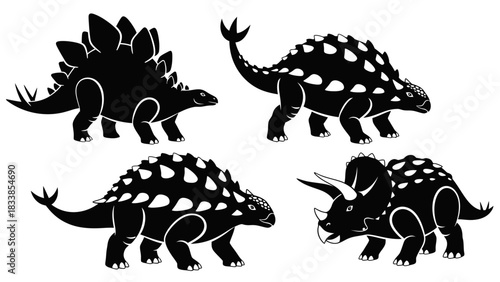 A collection of four black and white dinosaur silhouettes, including a Stegosaurus, two Ankylosaurus, and a Triceratops.