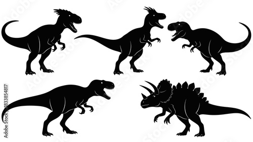 Five black dinosaur silhouettes, showcasing different species and their distinct profiles.