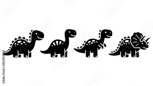 Cute black dinosaur cartoon characters set on white background