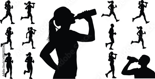 Fitness exercise poses silhouettes isolated on transparent background