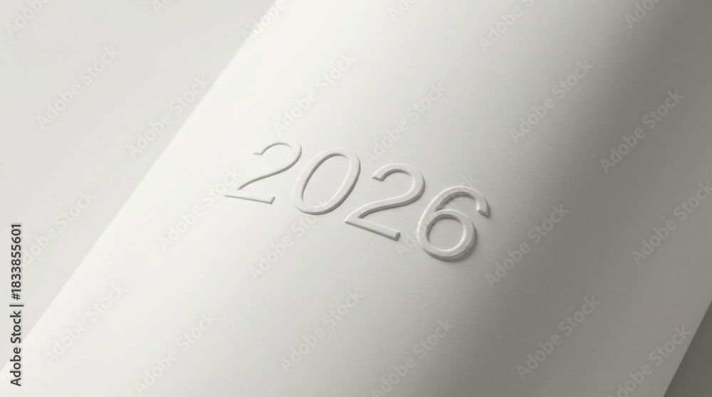 Obraz premium Minimalist white “2026” numbers embossed on smooth 3D surfaces with soft shadows, evoking a clean and classy celebration mood for contemporary New Year designs.