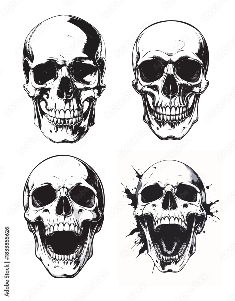 Fototapeta premium Skulls. black and White graphic human skull with black eyes set. illustration. vector.