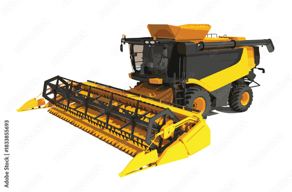 Obraz premium Combine harvester. Agriculture industrial farm equipment machine machinery job red vehicle vector illustration 3d realistic. Farming transport isolated on white.
