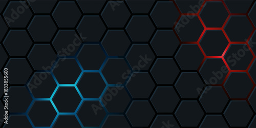 Dark red and blue hexagon abstract technology background with red and blue colored bright flashes under hexagon. Hexagonal gaming vector abstract tech background.