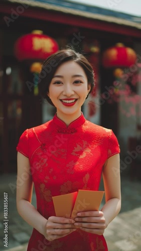 A woman smiles while holding red envelopes, dressed in traditional attire, surrounded by festive lanterns, symbolizing celebration.