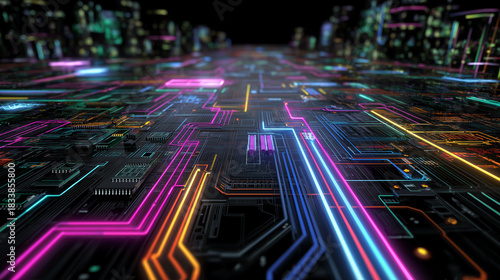 Futuristic colorful motherboard, Glowing chip and network paths, Electronic network concept
