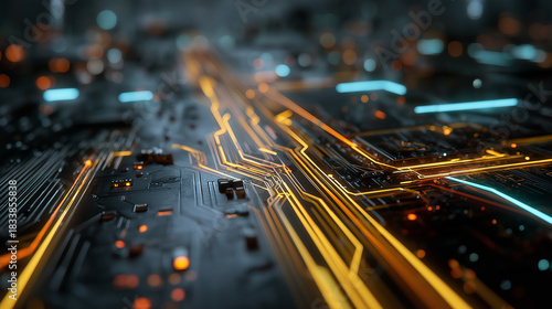 Futuristic colorful motherboard, Glowing chip and network paths, Electronic network concept