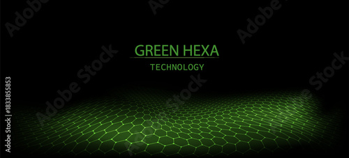 Green hexagon net pattern background with abstract technology texture and digital light effects. Futuristic honeycomb science concept, medical or 3D network designs. Geometric vector grid energy wave.