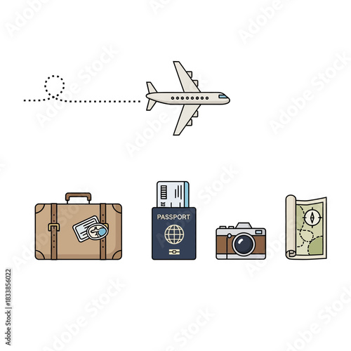 Travel essentials illustration featuring airplane suitcase passport camera and map.