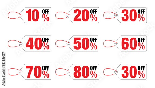 Promotion hold tag. Special offer discount on red tags shapes with different value percent off 90, 80, 70, 60, 50, 40, 30, 20, and 10%.