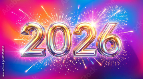  Vibrant 3D render of glowing metallic “2026” numbers with sparkling particles, festive light bursts, and colorful gradient background, creating a dynamic New Year celebration