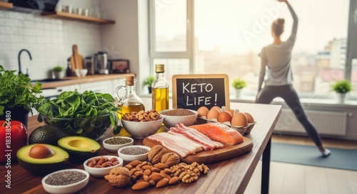 Keto diet foods and healthy lifestyle with fitness