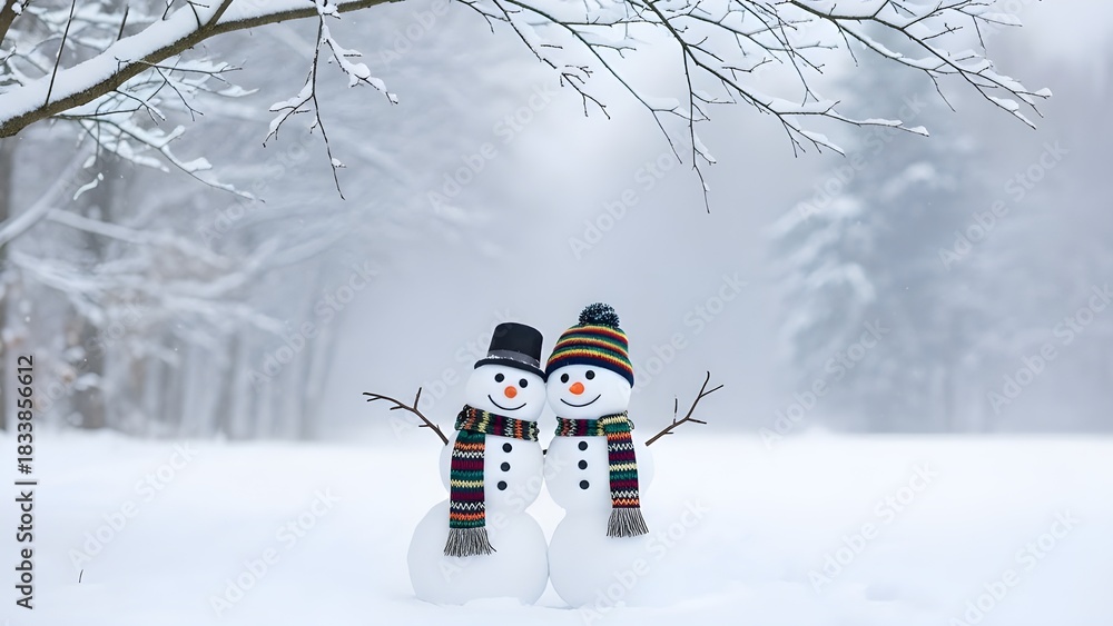 Obraz premium Two snowmen in a winter wonderland with a soft focus background