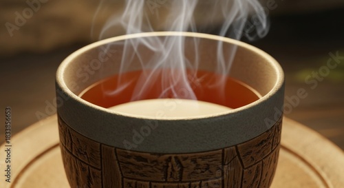 Close-up of a steaming mug filled with warm liquid, emitting wisps of vapor